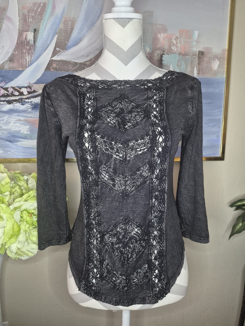 Free People Black Crochet-Panel Long Sleeve Top